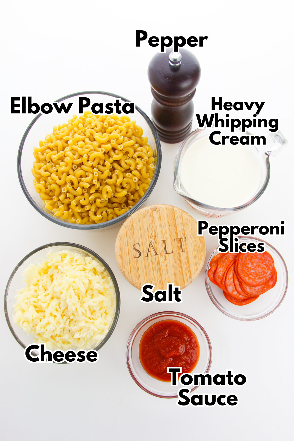 A list of ingredients for pizza mac and cheese.