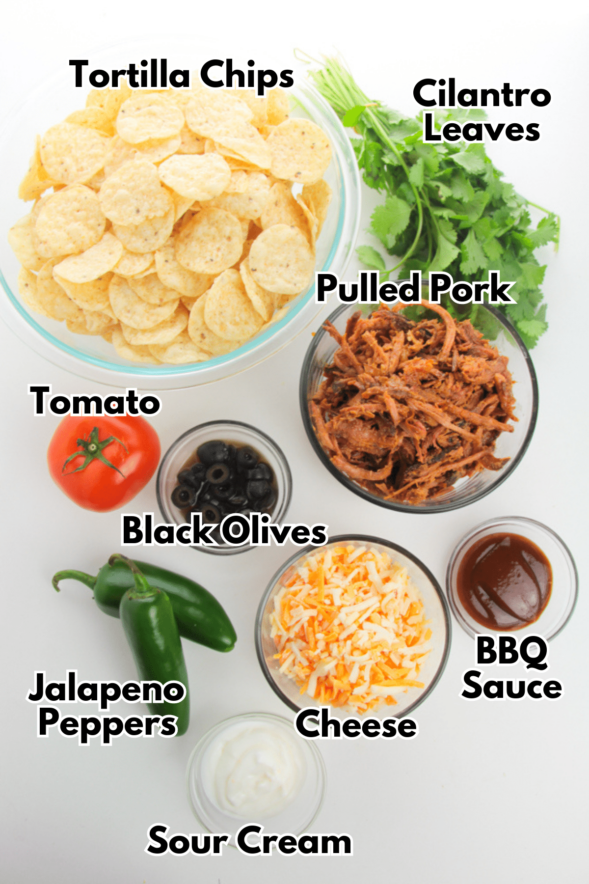 A list of ingredients for pulled pork nachos.
