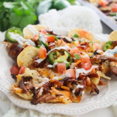 Pulled pork nachos served on a white plate.
