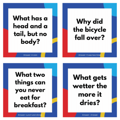 A set of four riddles for kids, each asking "what did he do?" with different answers.