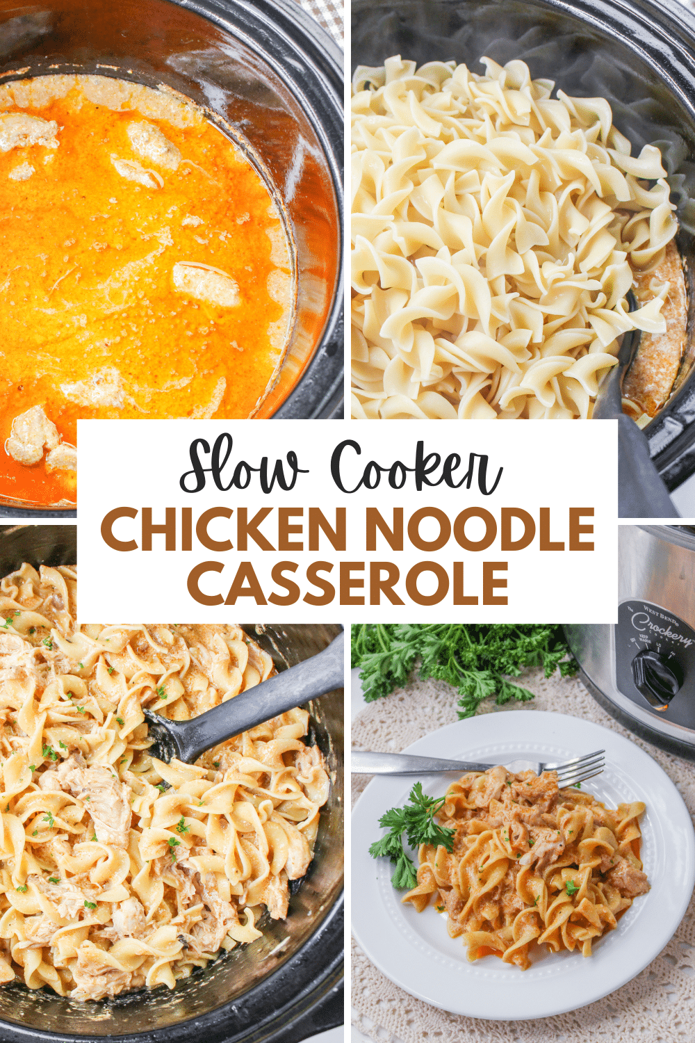Chicken noodle casserole made in a slow cooker.
