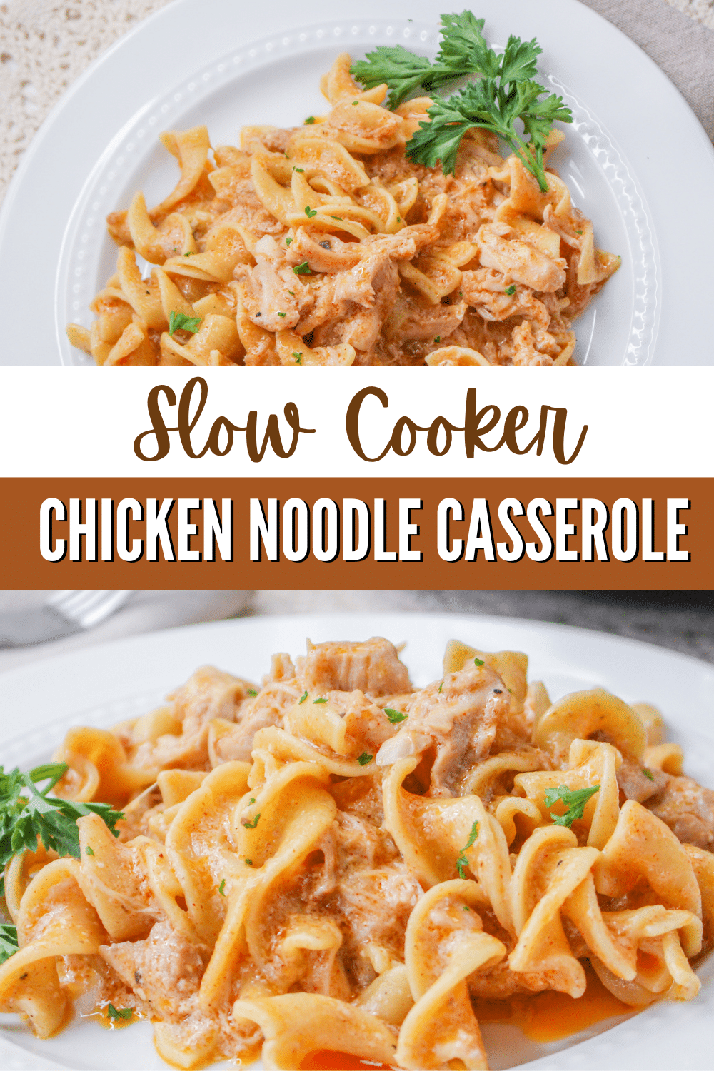 Chicken noodle casserole cooked in a slow cooker.