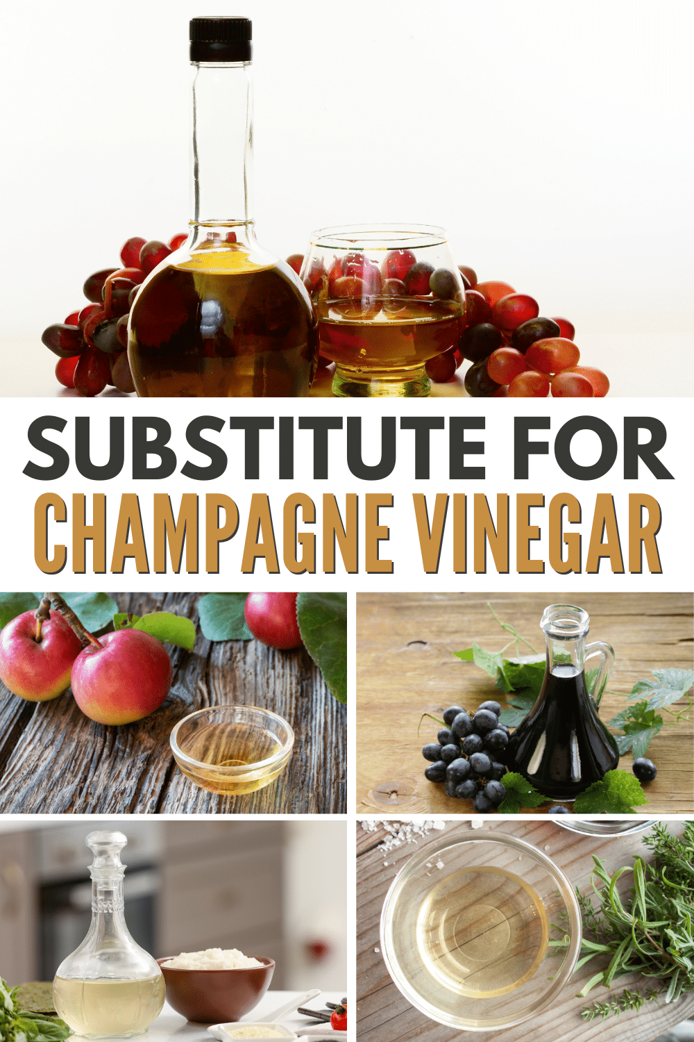 A collage of images illustrating substitute options for champagne vinegar.