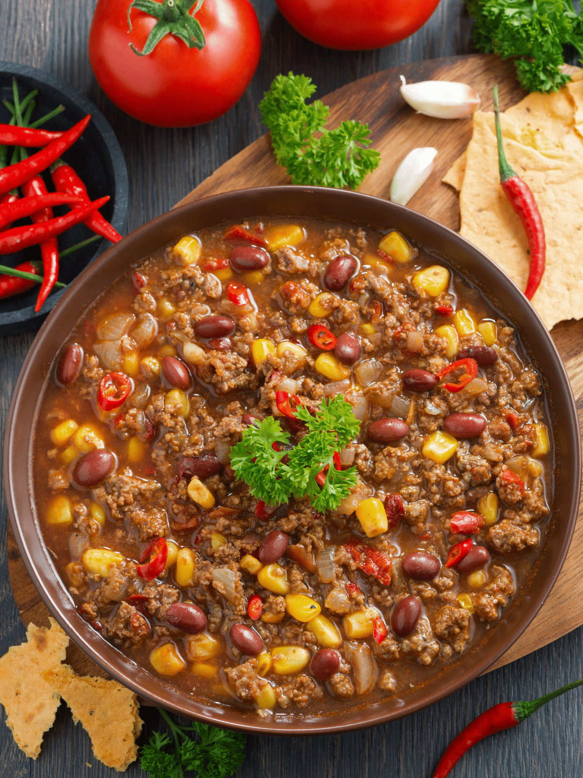 Bowl of Mexican dish chili con carne on a wooden board.