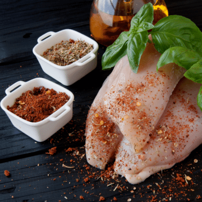 Chicken breasts seasoned with a substitute for poultry seasoning on a wooden table.
