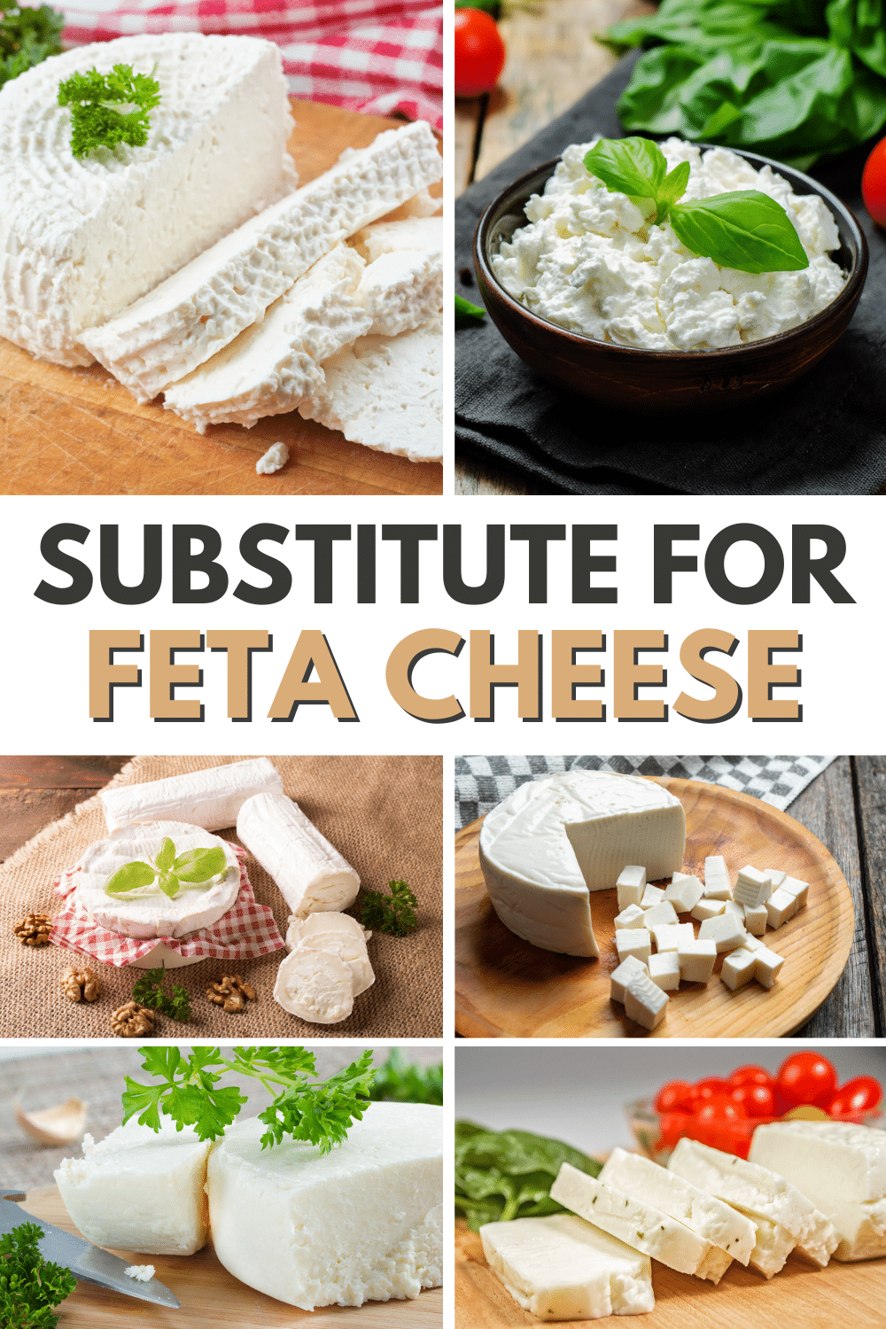 A picture collage presenting various alternatives as a substitute for feta cheese.