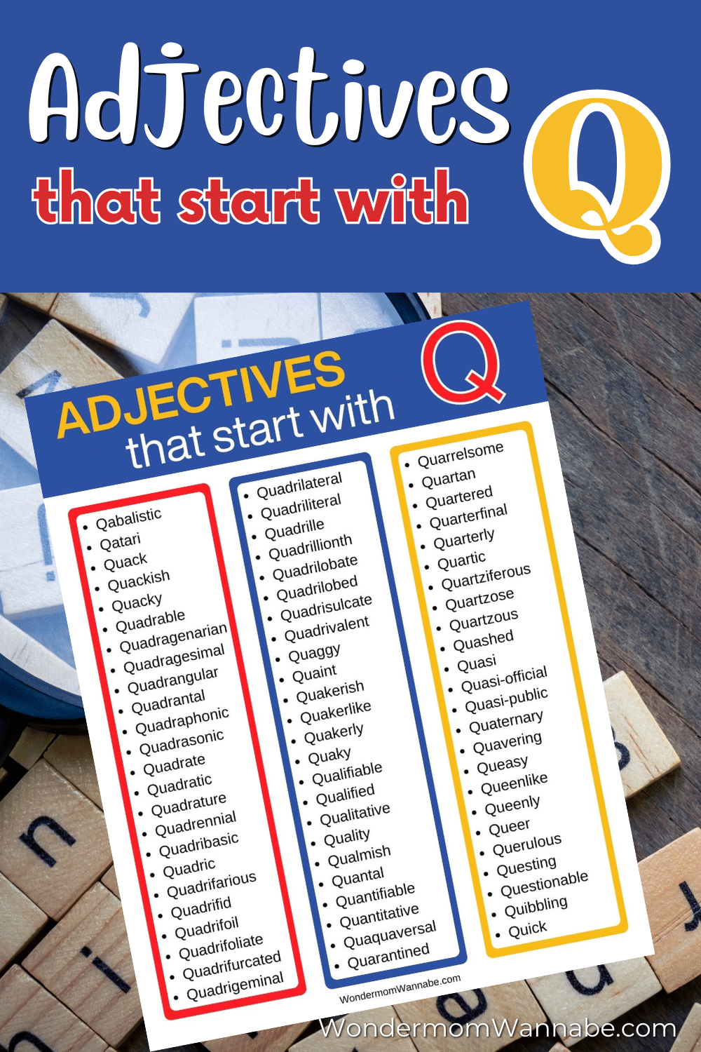 A poster showcasing a collection of adjectives that start with q.