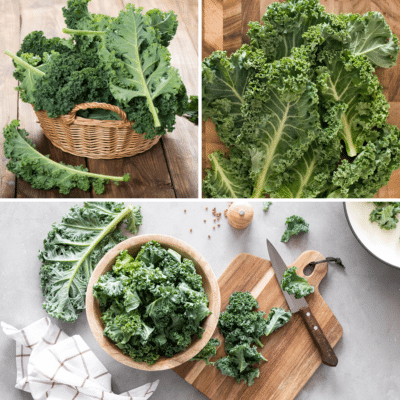 Four pictures of kale on a cutting board, showcasing its versatility as a substitute for other greens.