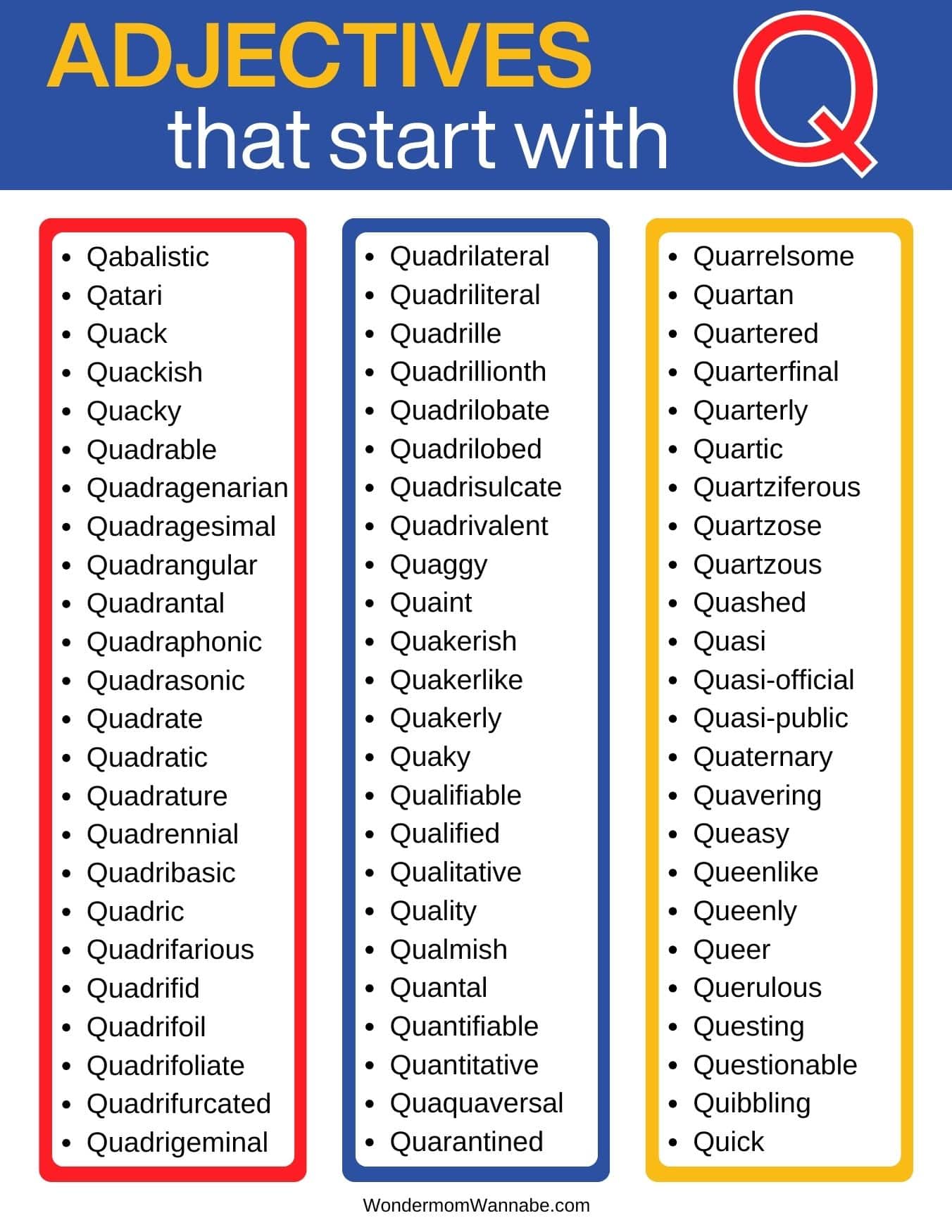 A list of adjectives that start with q.