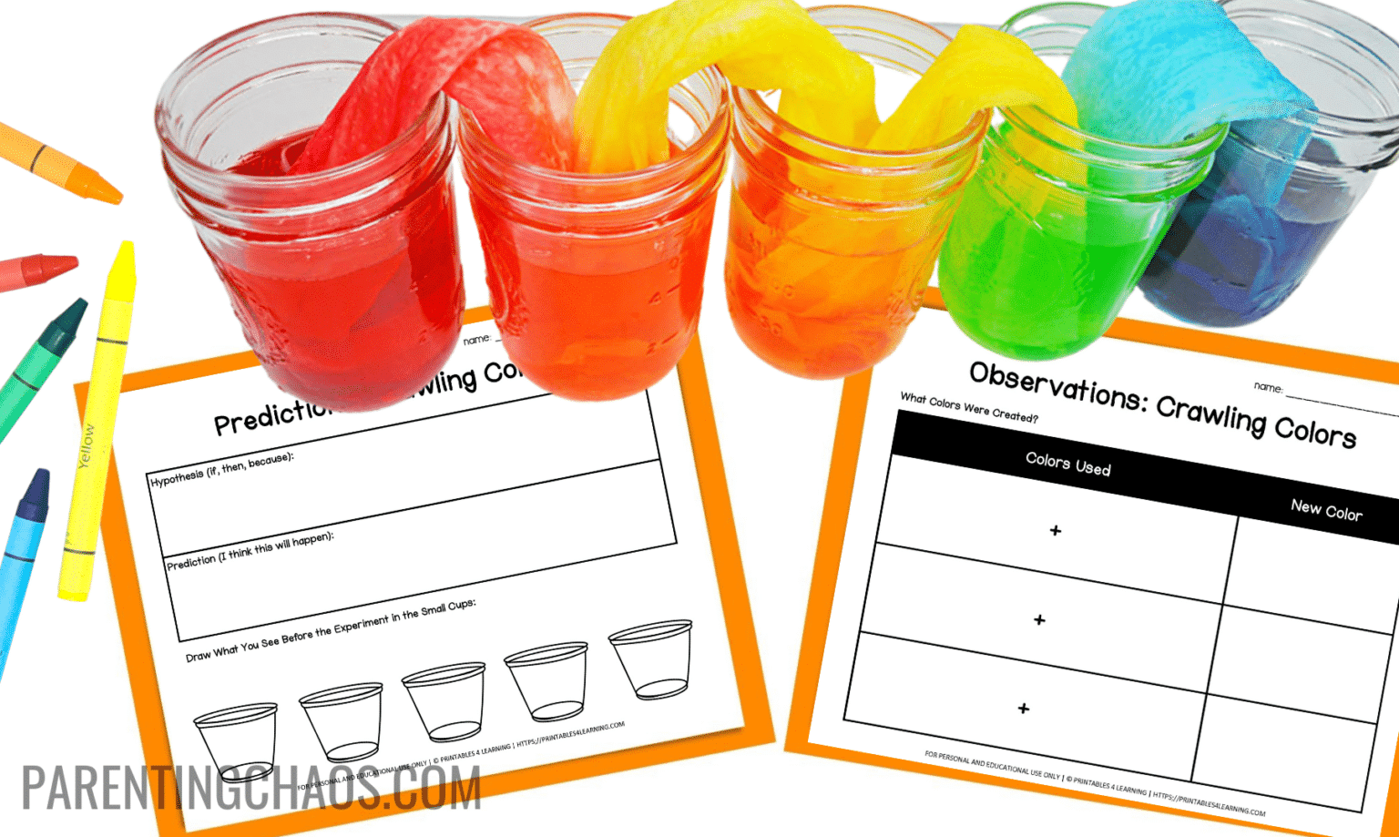 Educational activities for kids involving jars, colored liquids, and crayons.