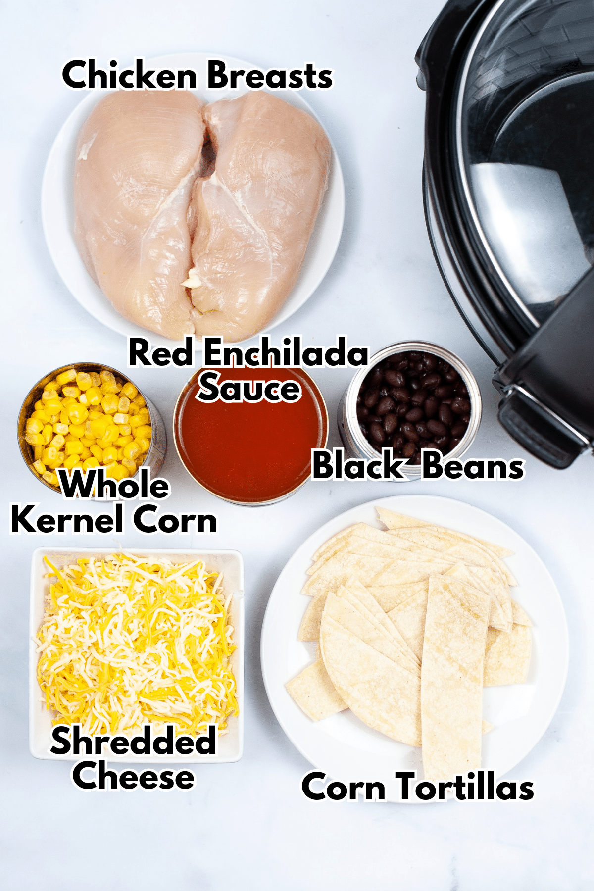 Ingredients for Crock Pot Chicken Enchilada Casserole.