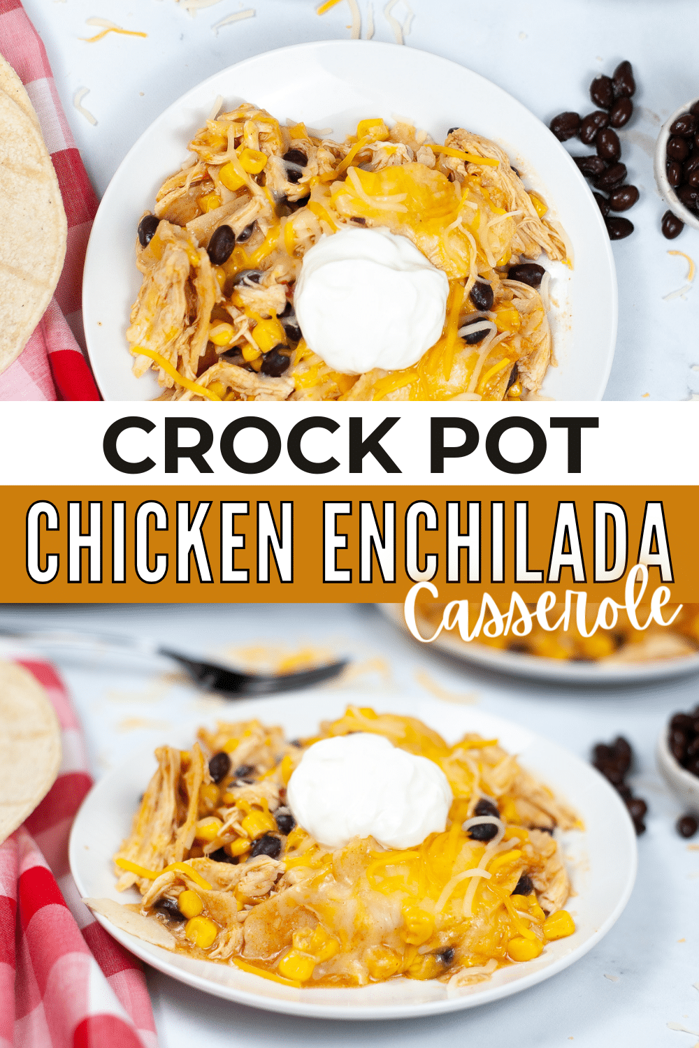 Chicken enchilada casserole cooked in a crock pot.