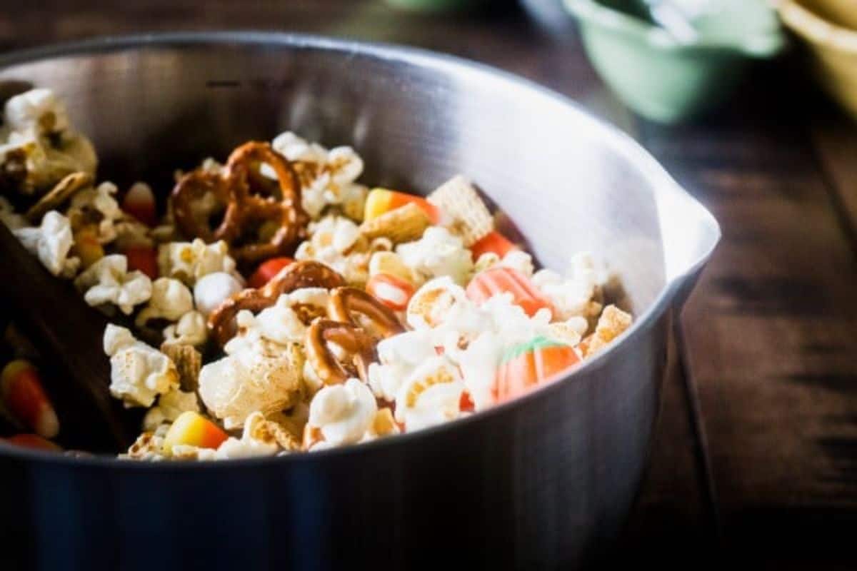fall party mix in a metal bowl.
