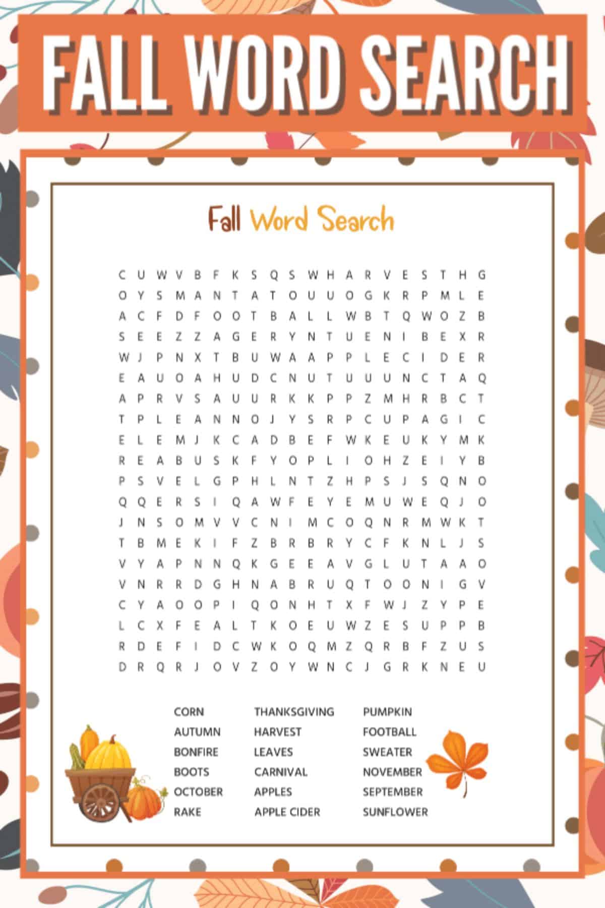 A fall-themed word search with leaves.