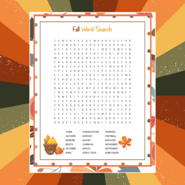 Free Printable Fall Word Search with Answer Key