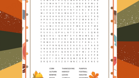 An autumn-themed word search on a sunburst background.