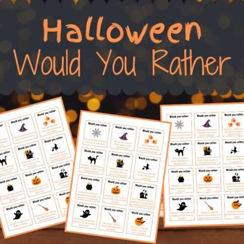 Halloween-themed cards featuring entertaining "Would You Rather" scenarios.
