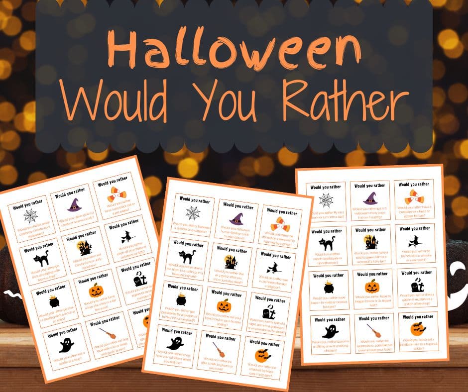 Halloween-themed cards featuring entertaining "Would You Rather" scenarios.