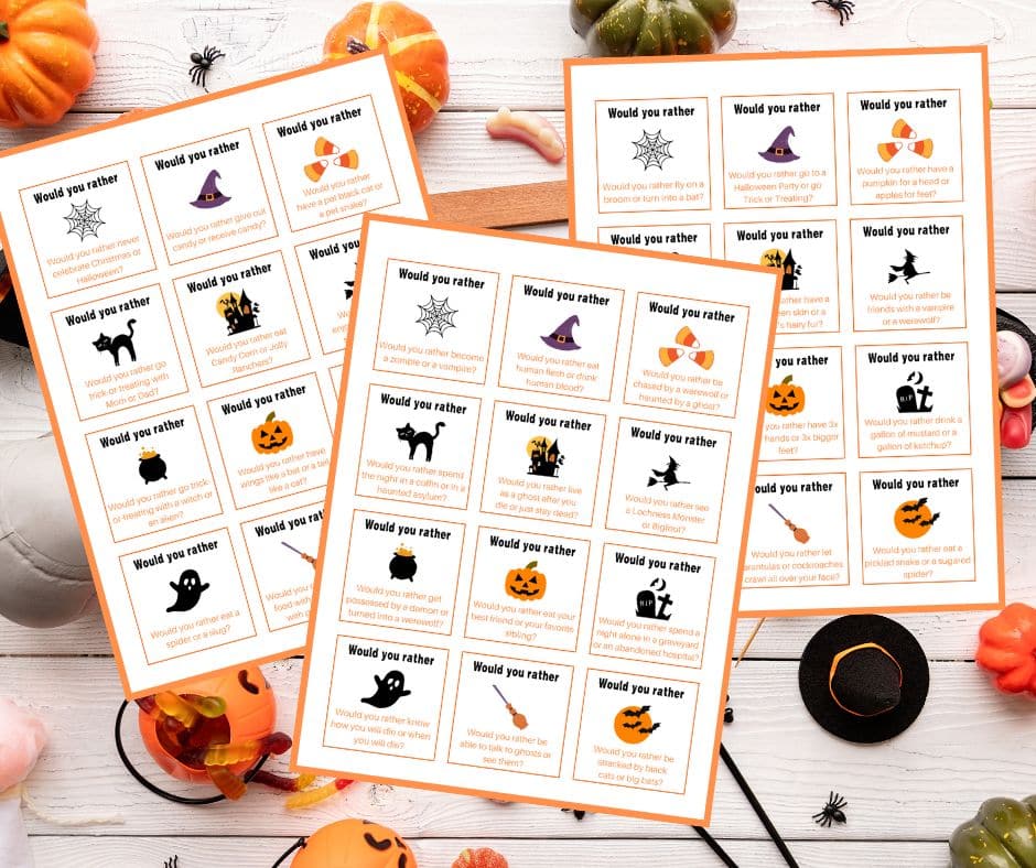 A set of Halloween would you rather questions printable cards.