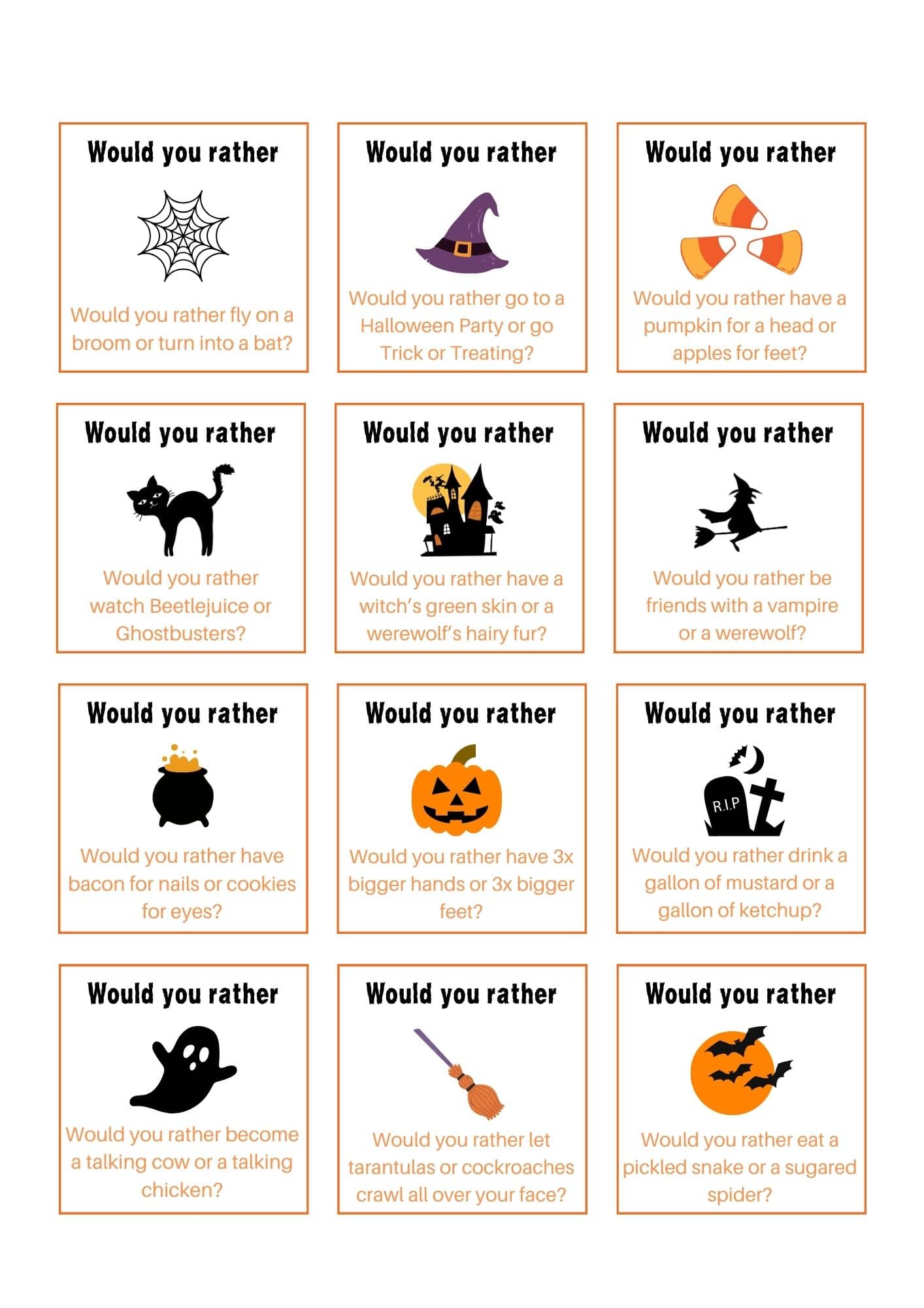Halloween would you rather questions printable card.