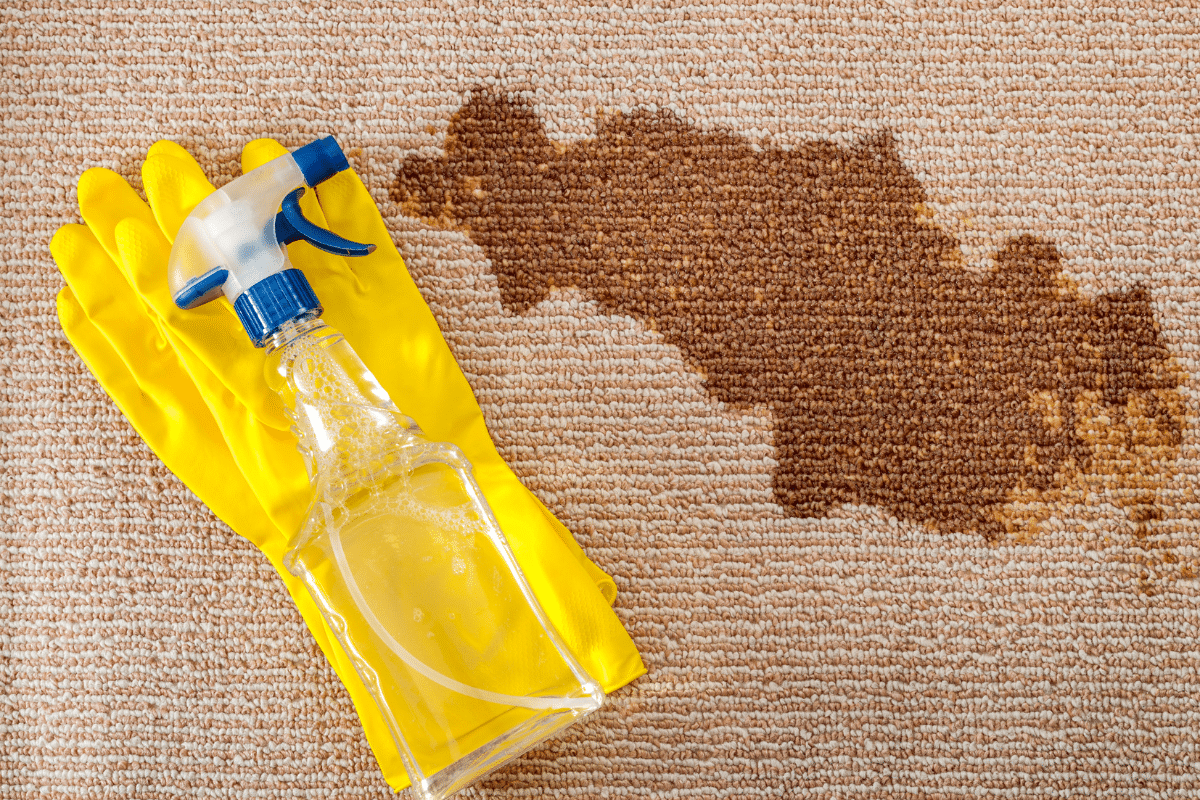 Yellow gloves with a spray bottle used to get coffee stain out of a brown carpet.