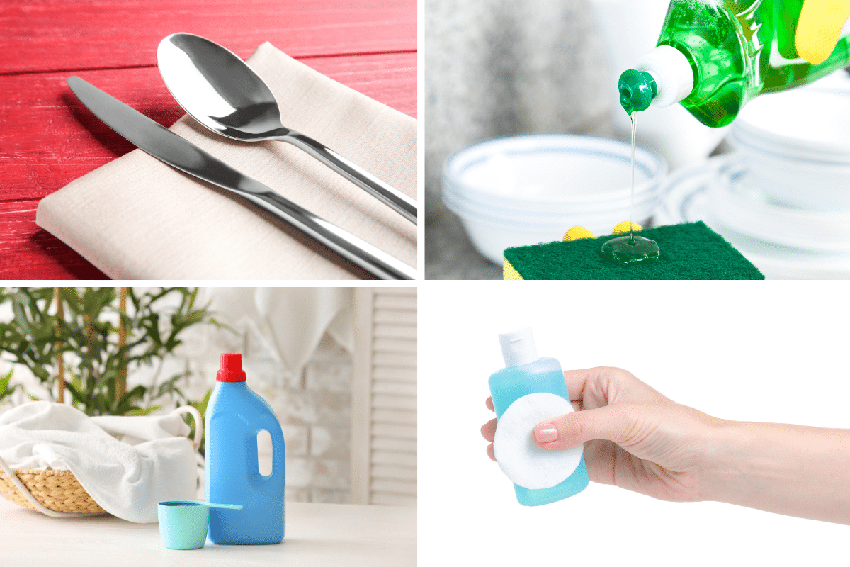 A collage of pictures illustrating cleaning products for glue stains.