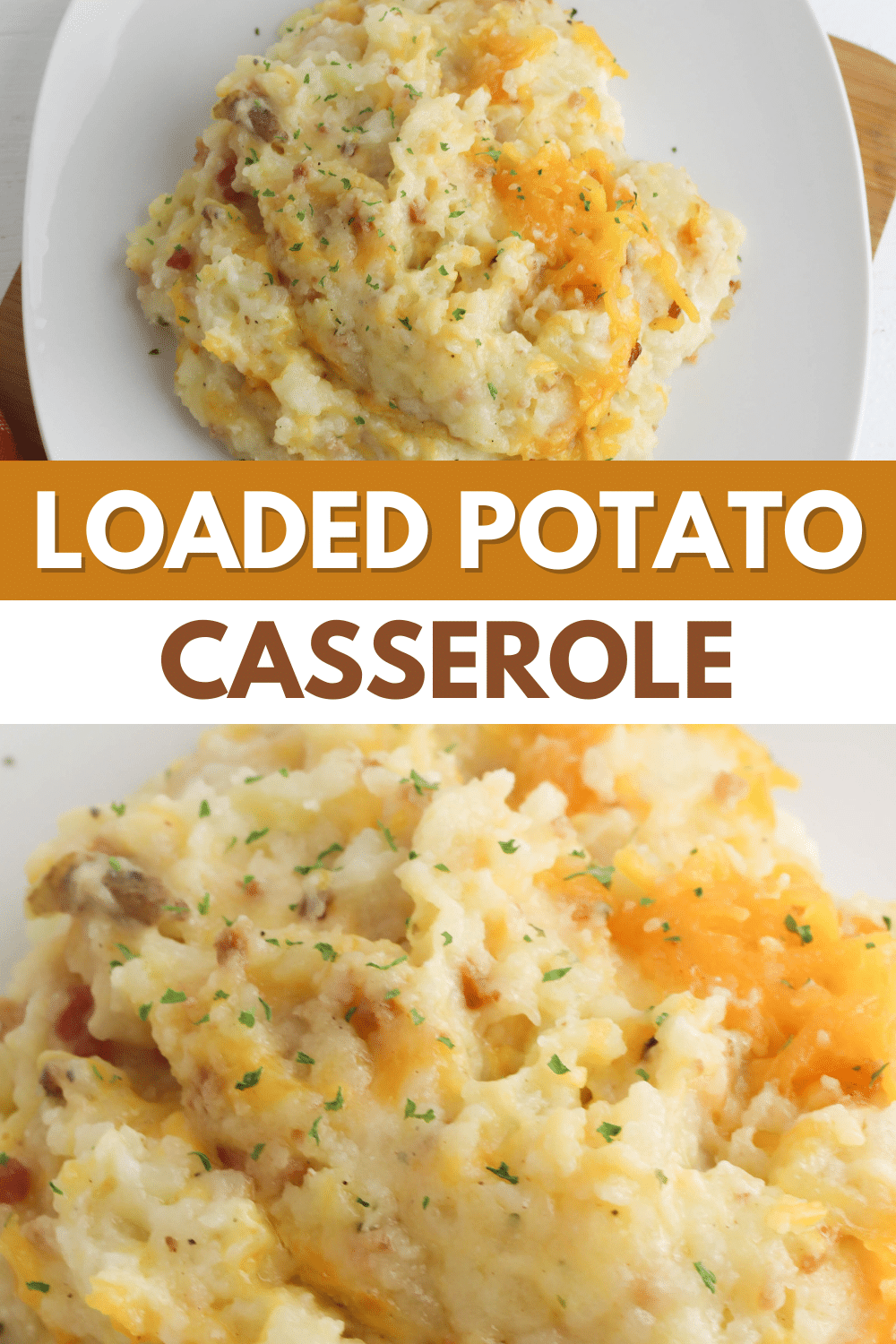 A photo of a delicious loaded potato casserole on a plate.