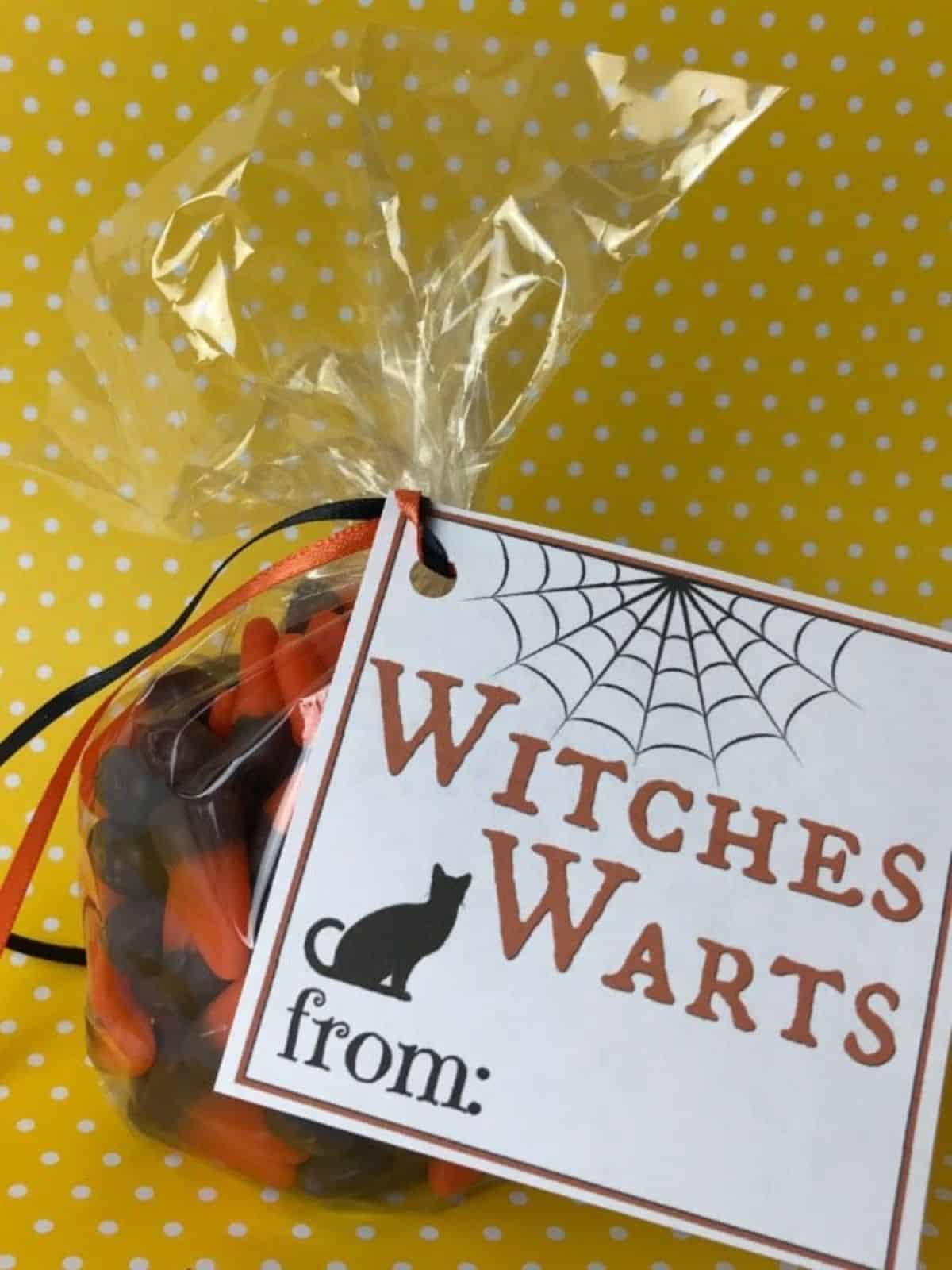 Halloween treat bag with witches warts tag.