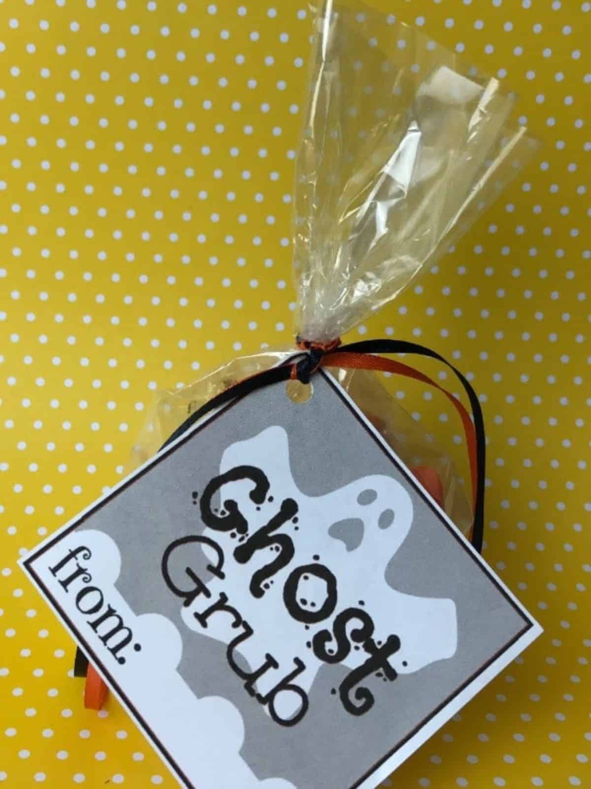 Halloween treat bag with ghost grub tag.