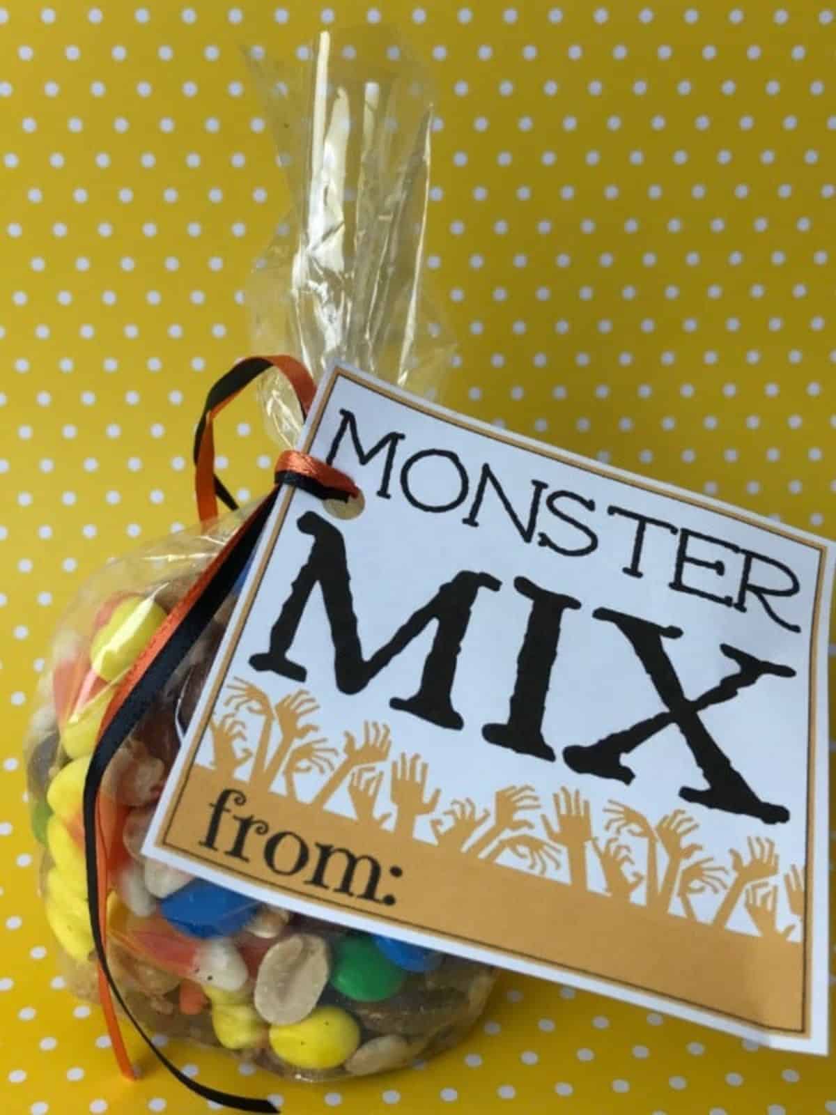 Halloween treat bag with monster mix tag.