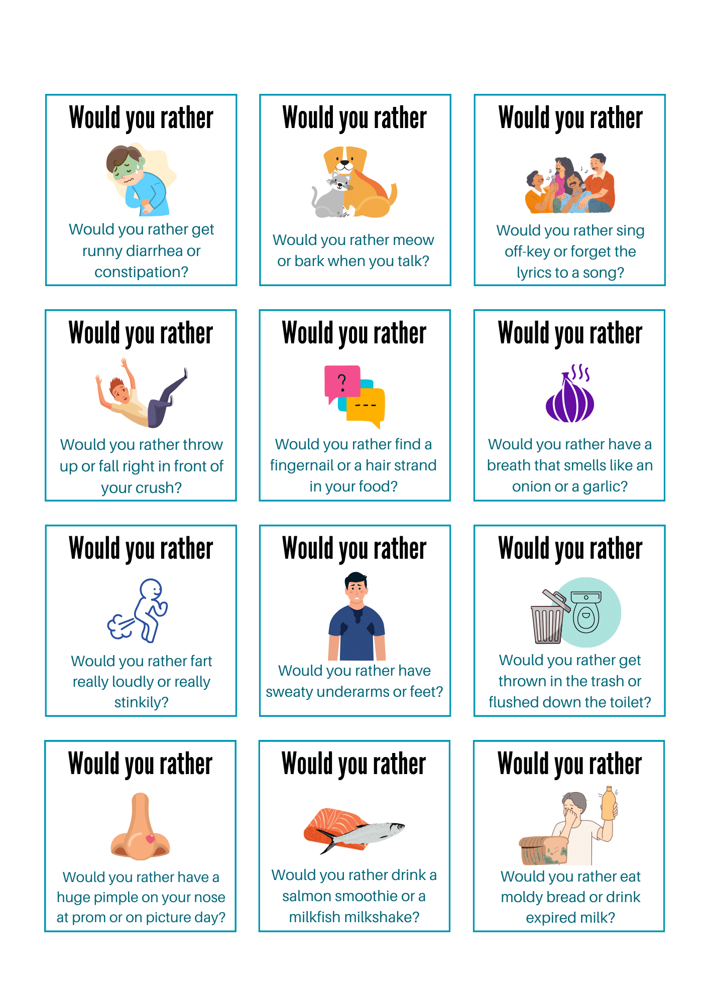 Would you rather questions for teens printable cards.