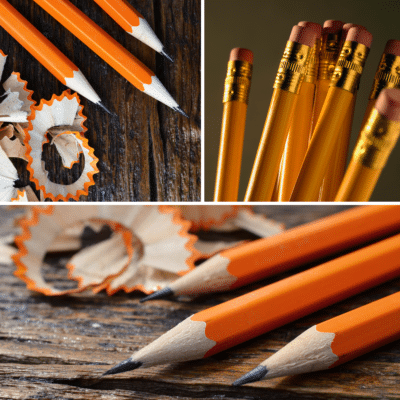 A collage of pictures showcasing various uses for an orange pencil, including writing on a piece of paper.