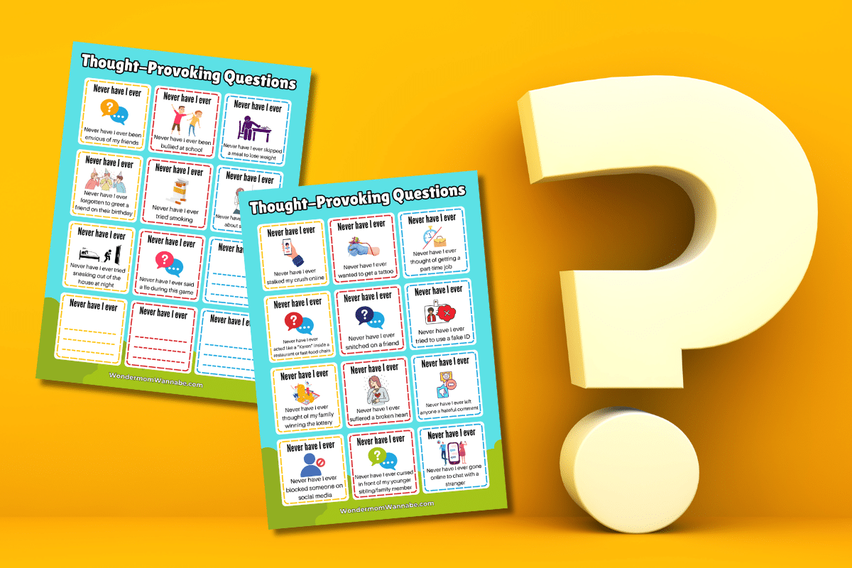 A set of Teenage Questions cards on a yellow background with question mark.