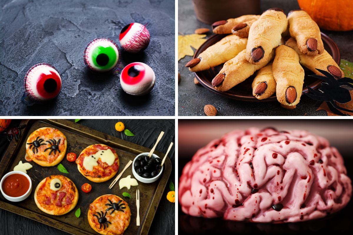 A collage of pictures featuring creepy halloween food, including a brain and eyeballs, perfect for spooky teens.