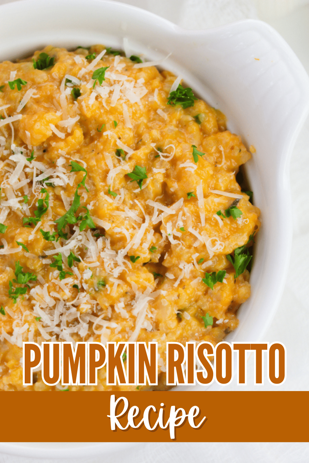Easy pumpkin risotto in a white bowl.