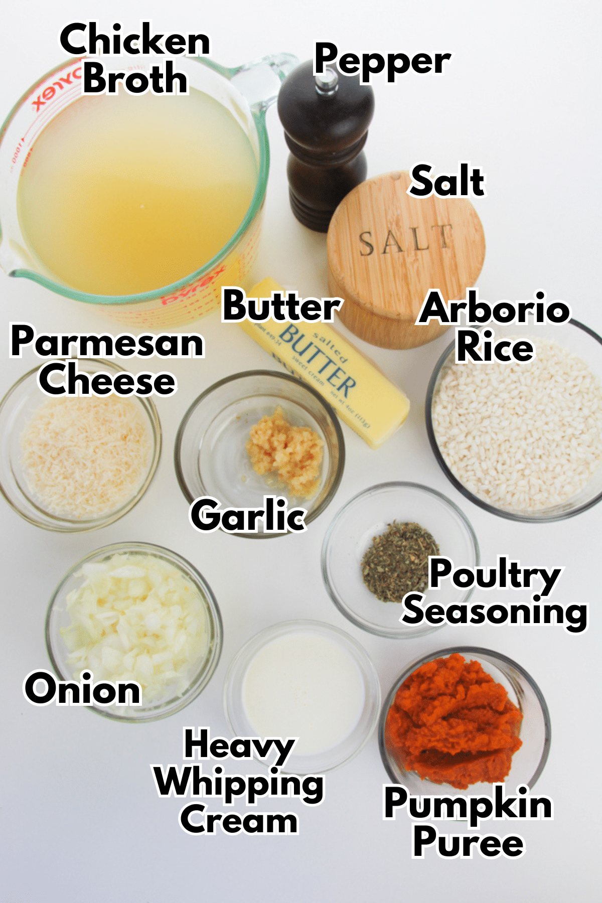A list of ingredients for Easy pumpkin risotto.