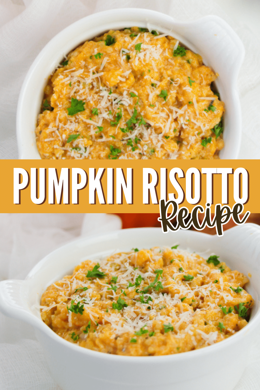 Easy Pumpkin Risotto recipe served in a white bowl.
