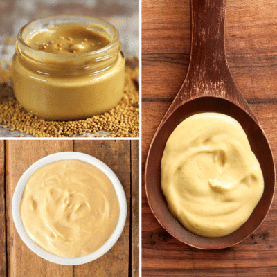 Four pictures showcasing a jar of Dijon mustard and a spoon.
