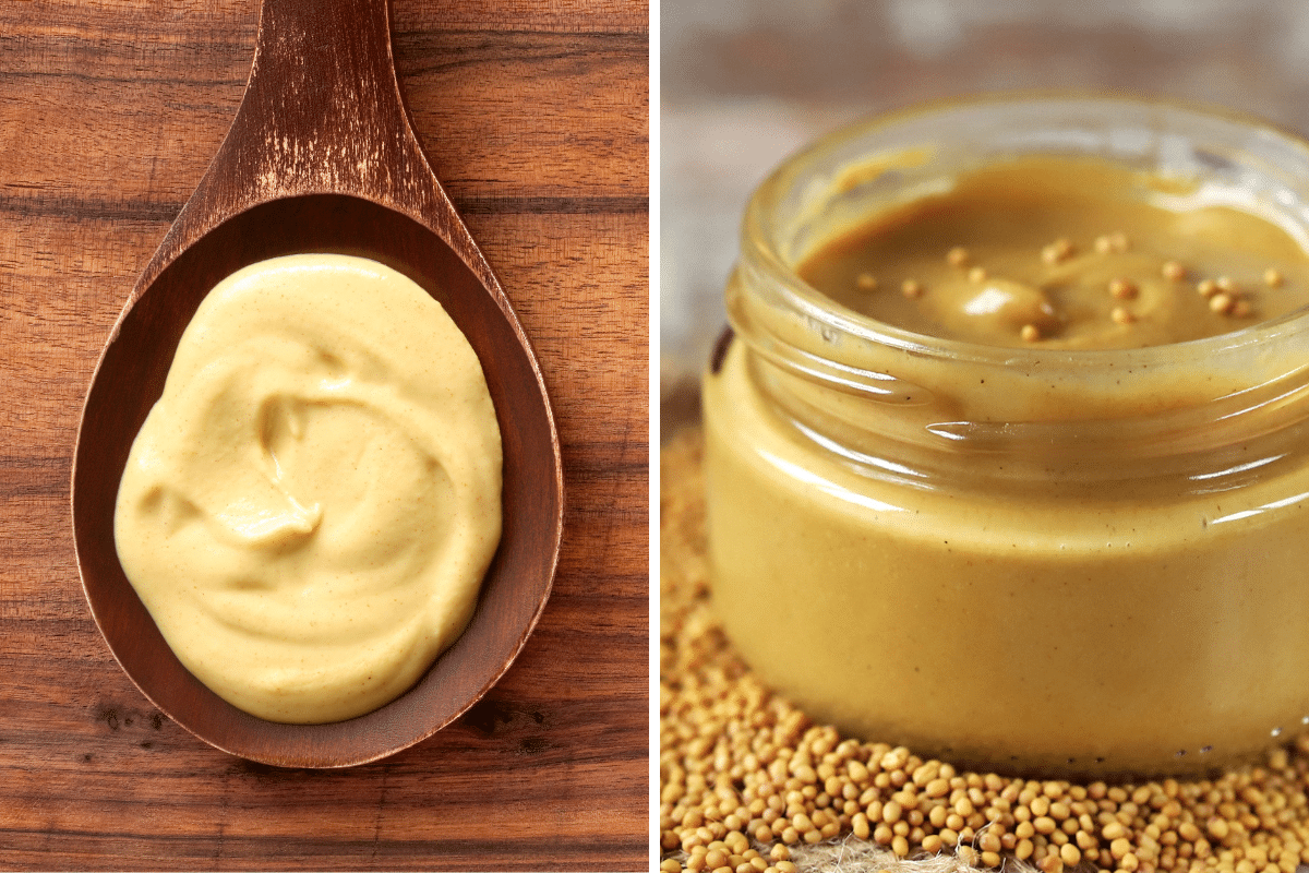 Two pictures of Dijon Mustard on a spoon and in a jar.