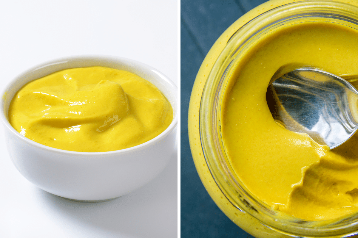 A jar of yellow mustard with a spoon in it. and in a white bowl, serving as a Dijon mustard substitute.