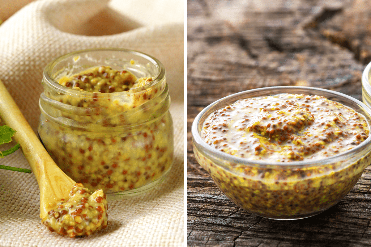 Two pictures of Stone Ground Mustard in a jar and a glass bowl.