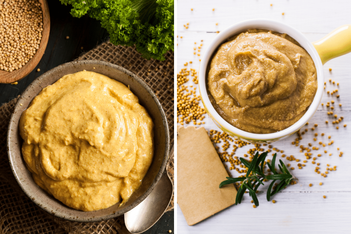 Two bowls of spicy brown mustard serving as a Dijon mustard substitute.