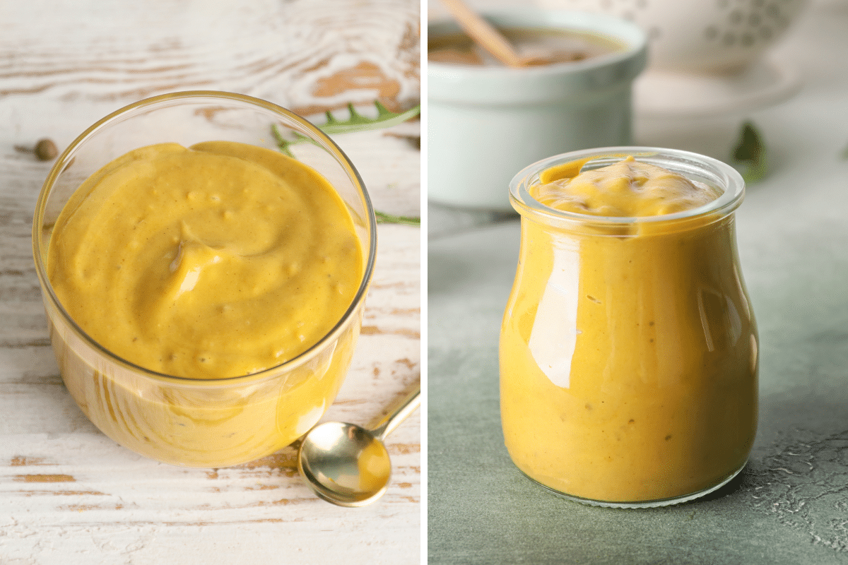 Two pictures of honey mustard in a jar.