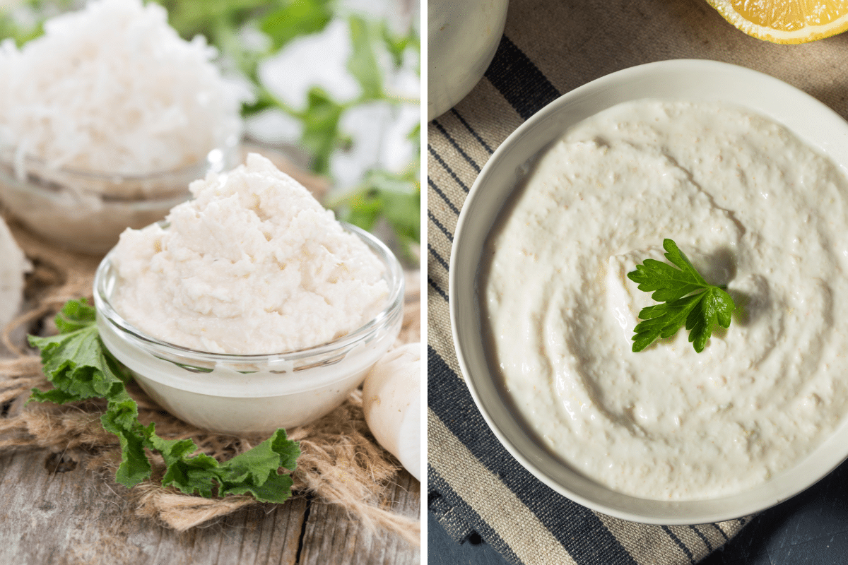 Two pictures of Horseradish Sauce in a bowl.