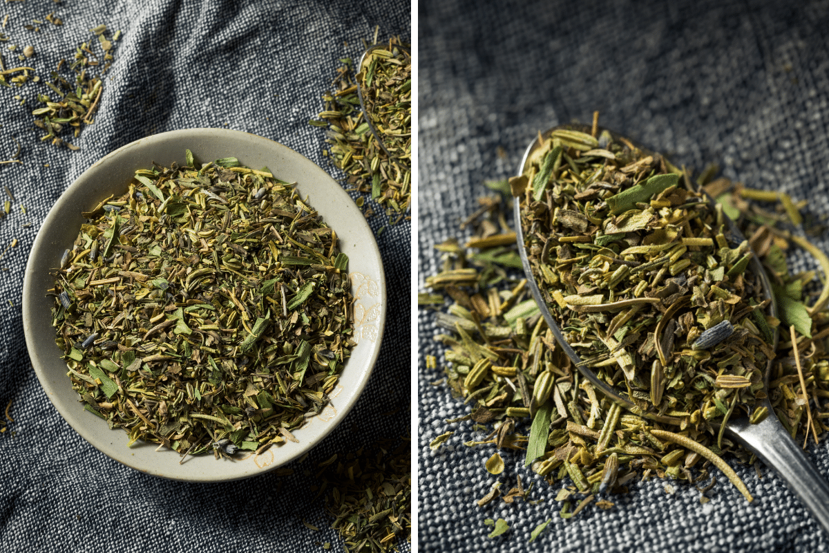 Two pictures of Herbes de Provence that can be used as substitutes for savory.
