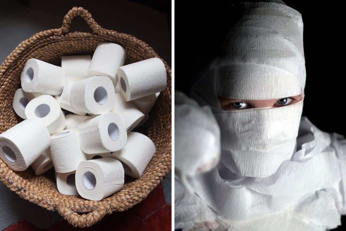 a basket of toilet paper and A man dressed as a mummy at a Halloween party.