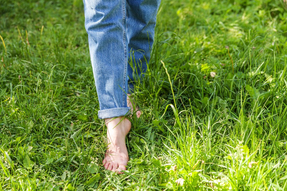 A woman's bare feet and wearing jeans walking in the grass.