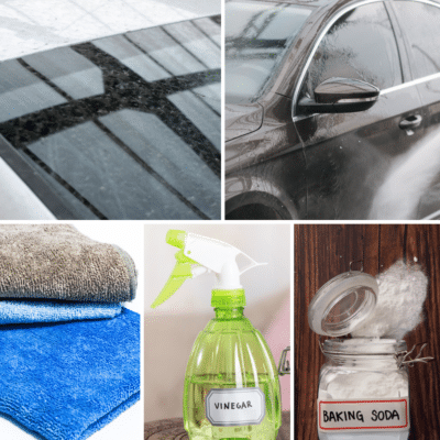 A collage of pictures showcasing car cleaning products and expert tips on removing water spots from cars.
