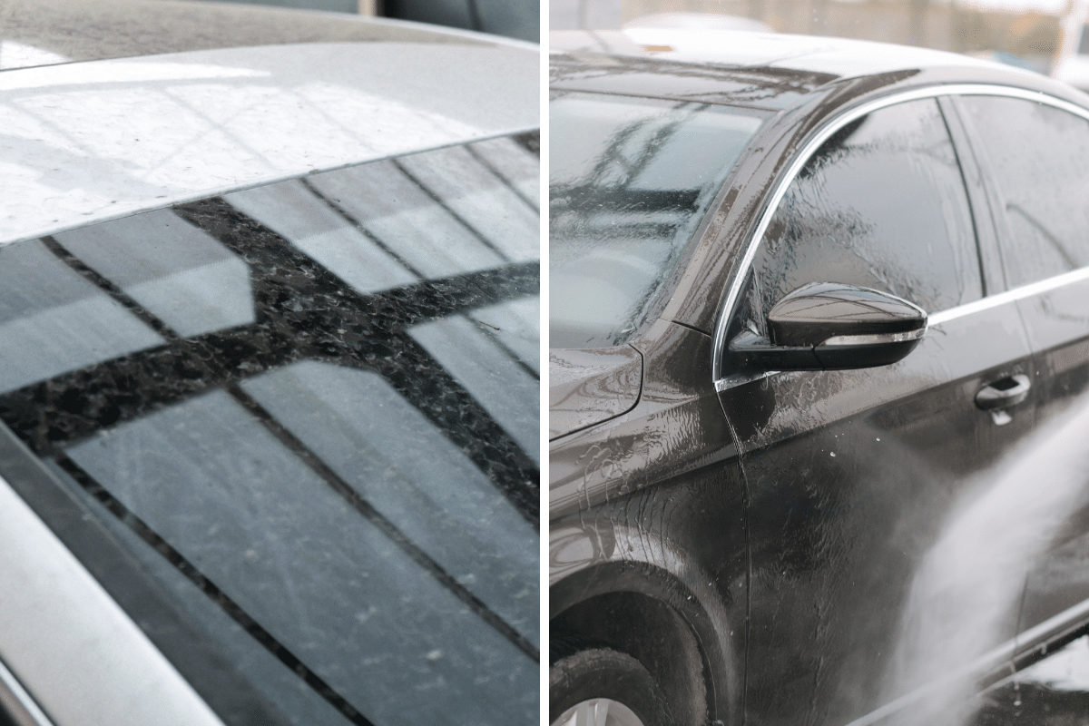 Two pictures of a car with water and water spots.