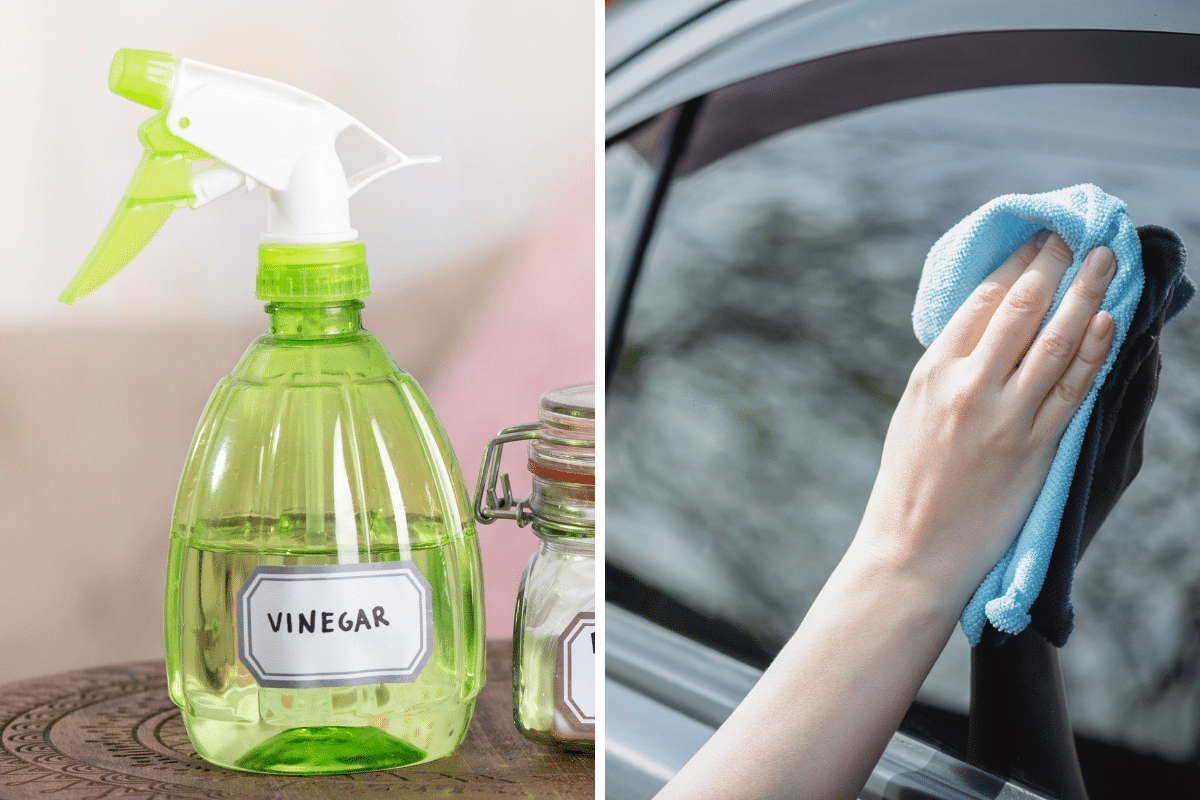 Two pictures demonstrating how to remove water spots from a car using a spray bottle and vinegar.